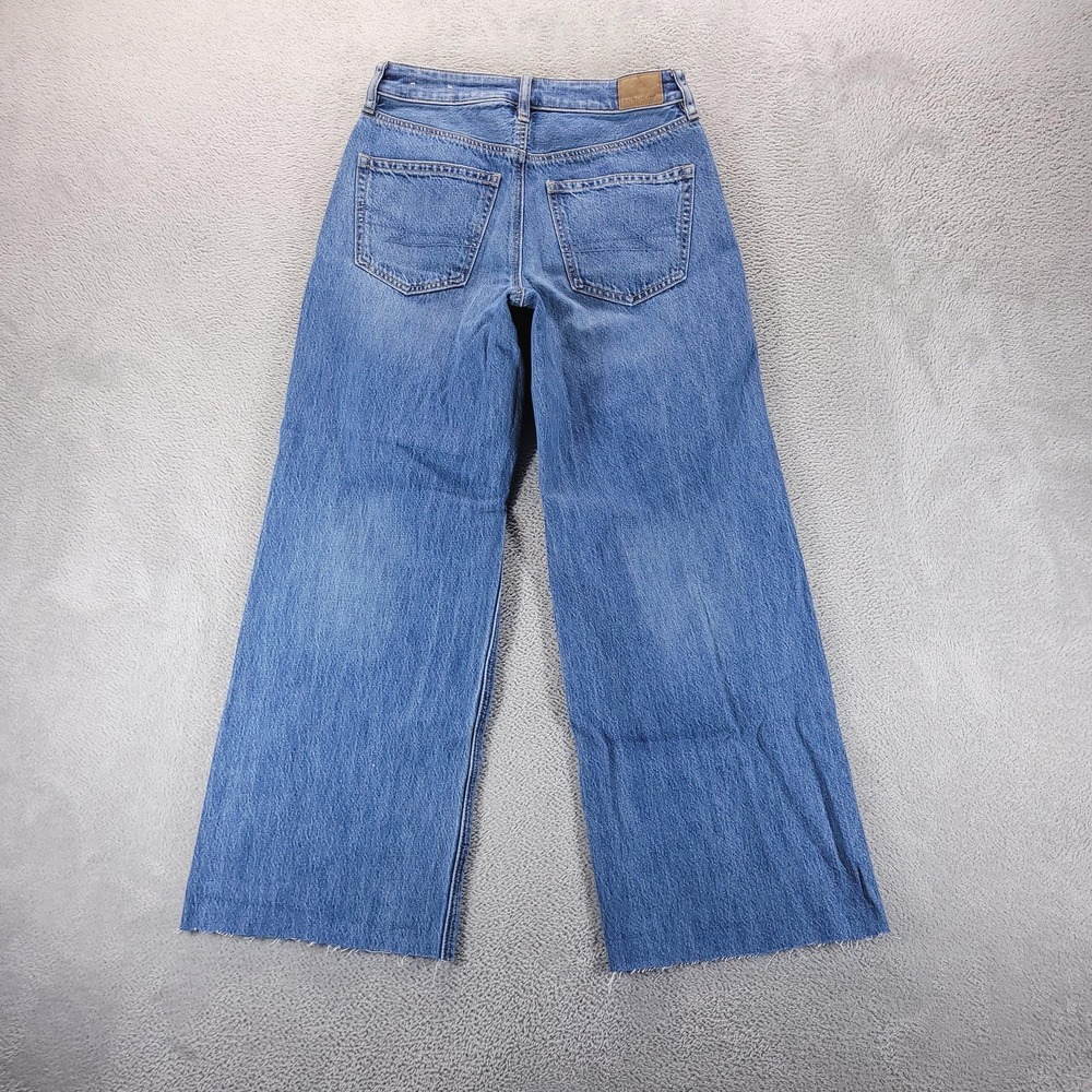 American Eagle Jeans 2 X Short Blue Super High Rise Baggy Wide Leg Distressed - Picture 2 of 10